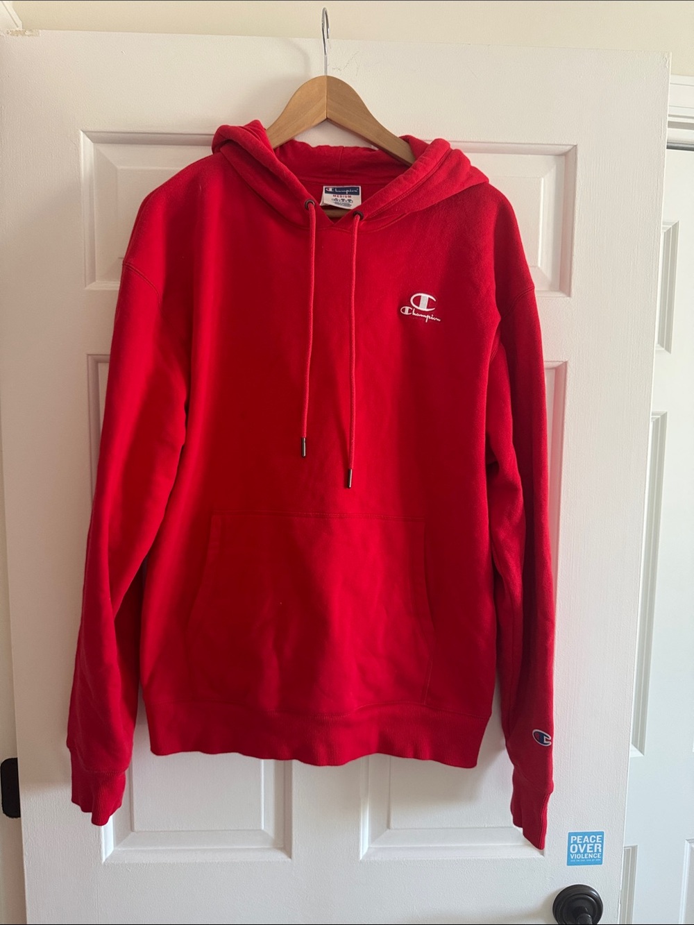 Size MEIDUM Champion Red Crewneck Hoodie with Embroidered Logo